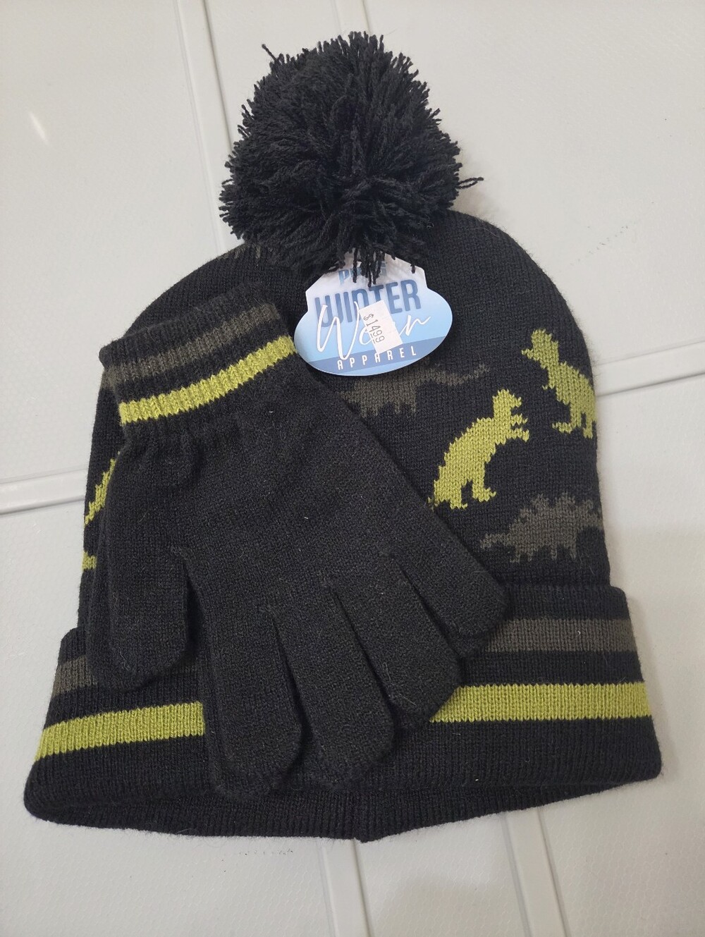 Kids Pom Beanie & Gloves Set - Black with Lime Dinosaur Knit